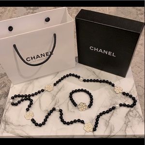 CHANEL pearl & flower black beaded necklace & bracelet set